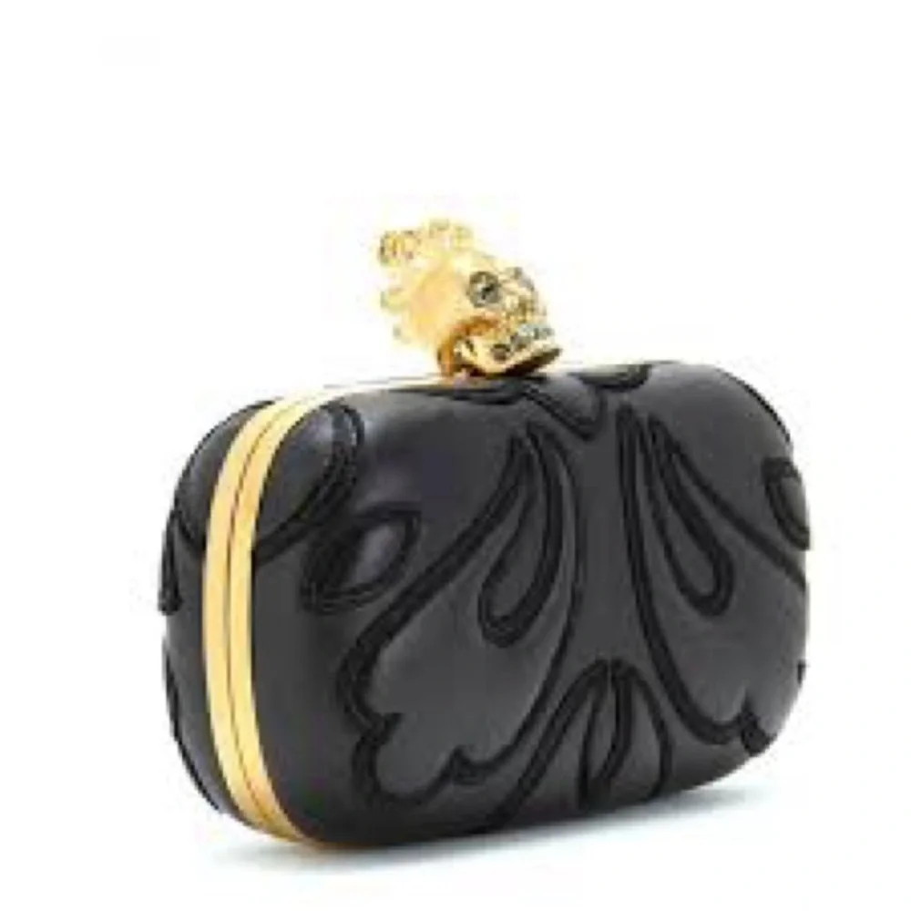 Alexander McQueen Black Leather Skull Box Clutch Bag.